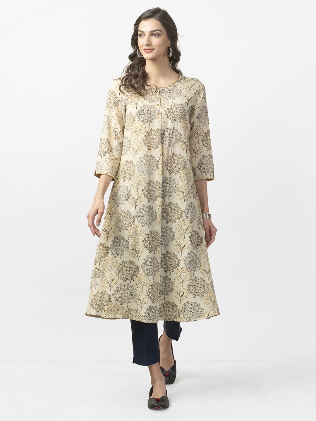 

Fabindia Women Beige & Olive Green Handblock Print Slim-Fit A-Line Kurta