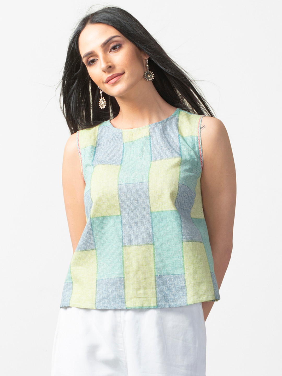 

Fabindia Women Green & Blue Printed Top