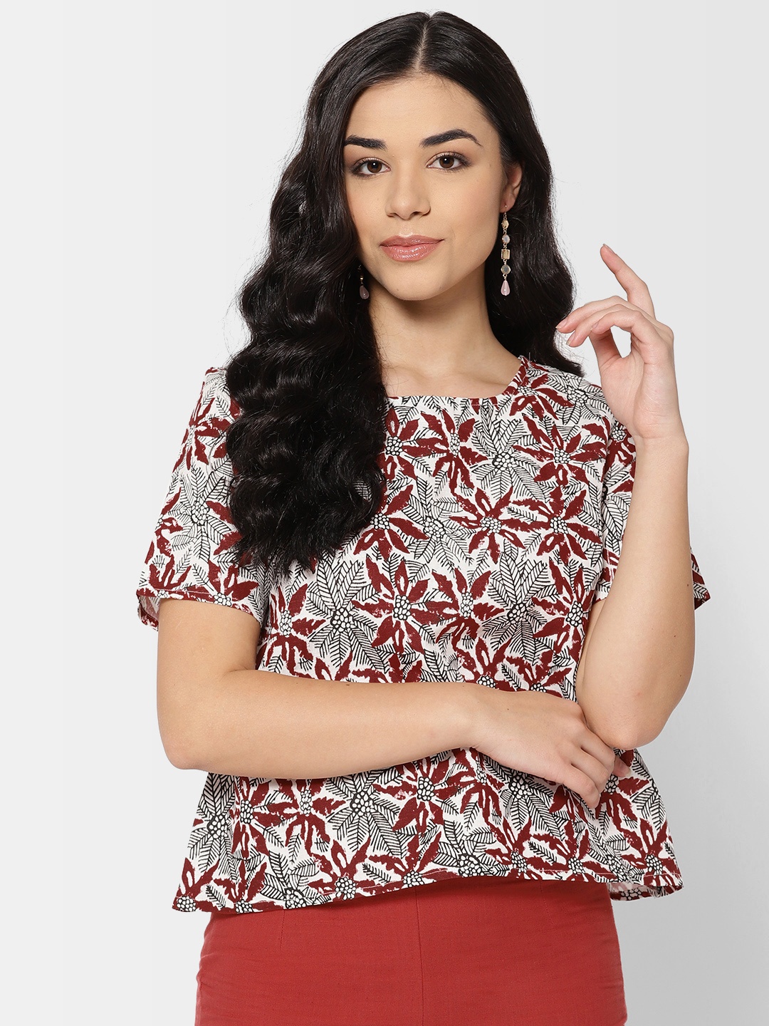 

Fabindia Women Black & Maroon Printed A-Line Top