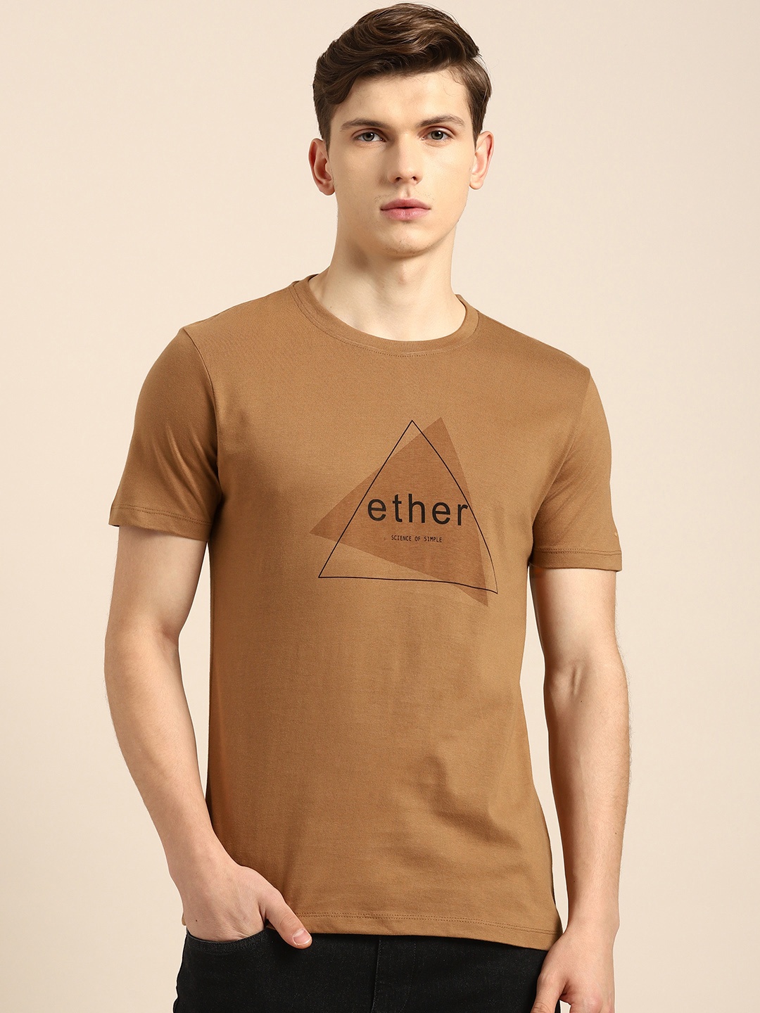 

ether Men Brown Printed Round Neck Pure Cotton T-shirt