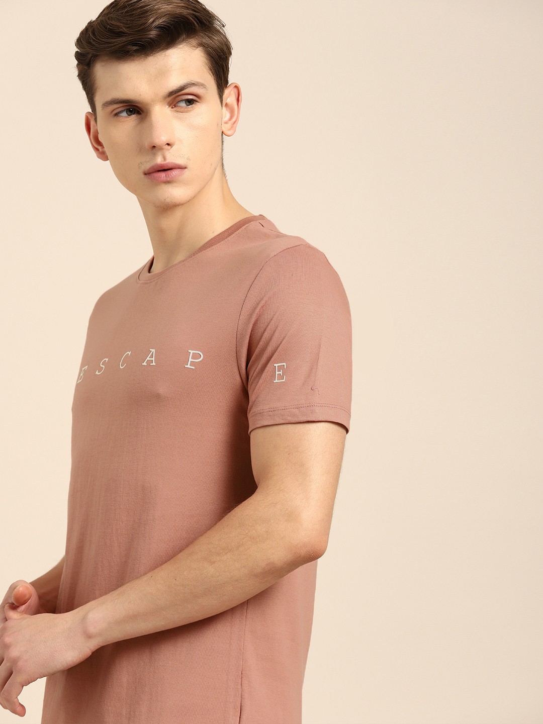 

ether Men Pink Printed Round Neck Pure Cotton T-shirt