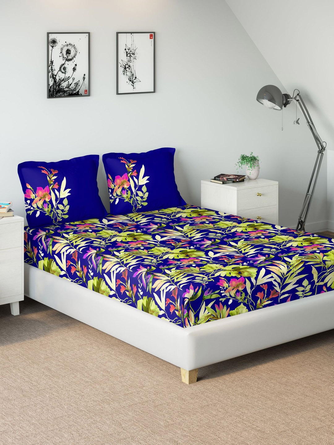 

DDecor Blue & Multicoloured Printed Double Bed Cover with 2 Pillow Cover
