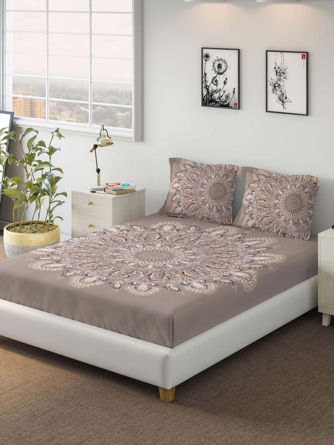 

DDecor Brown Printed Double Bed Cover with 2 Pillow Covers