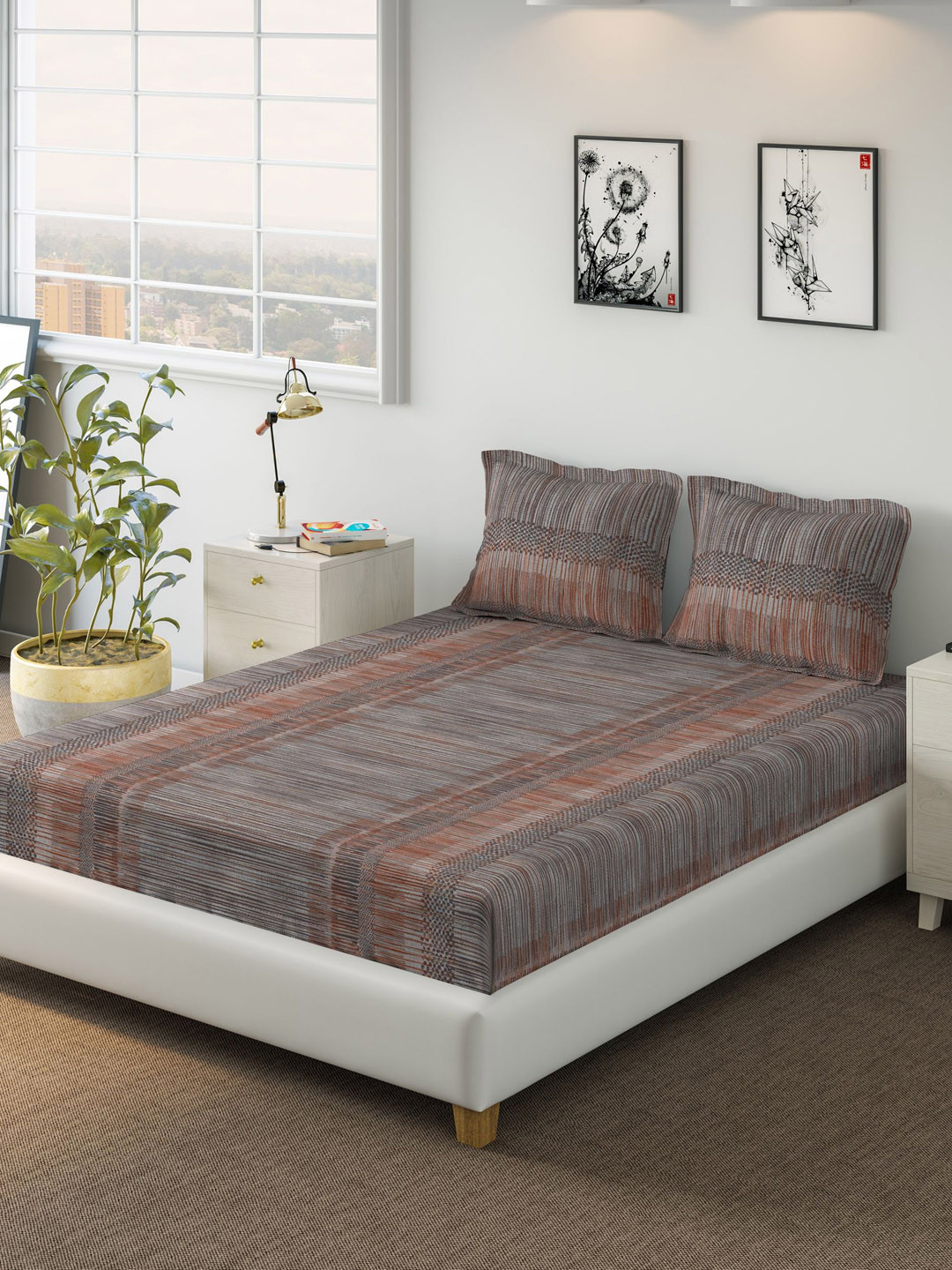 

DDecor Brown & Grey Printed Double Bed Cover with 2 Pillow Covers