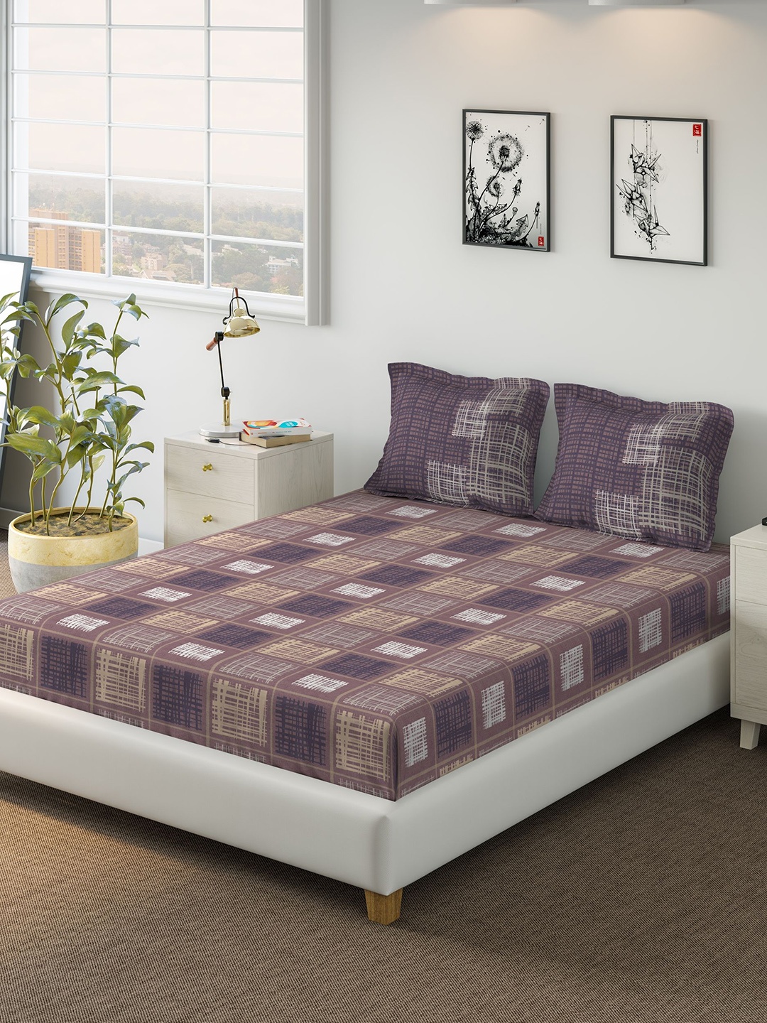 

DDecor Purple & Multicoloured Printed Double Bed Cover with 2 Pillow Covers