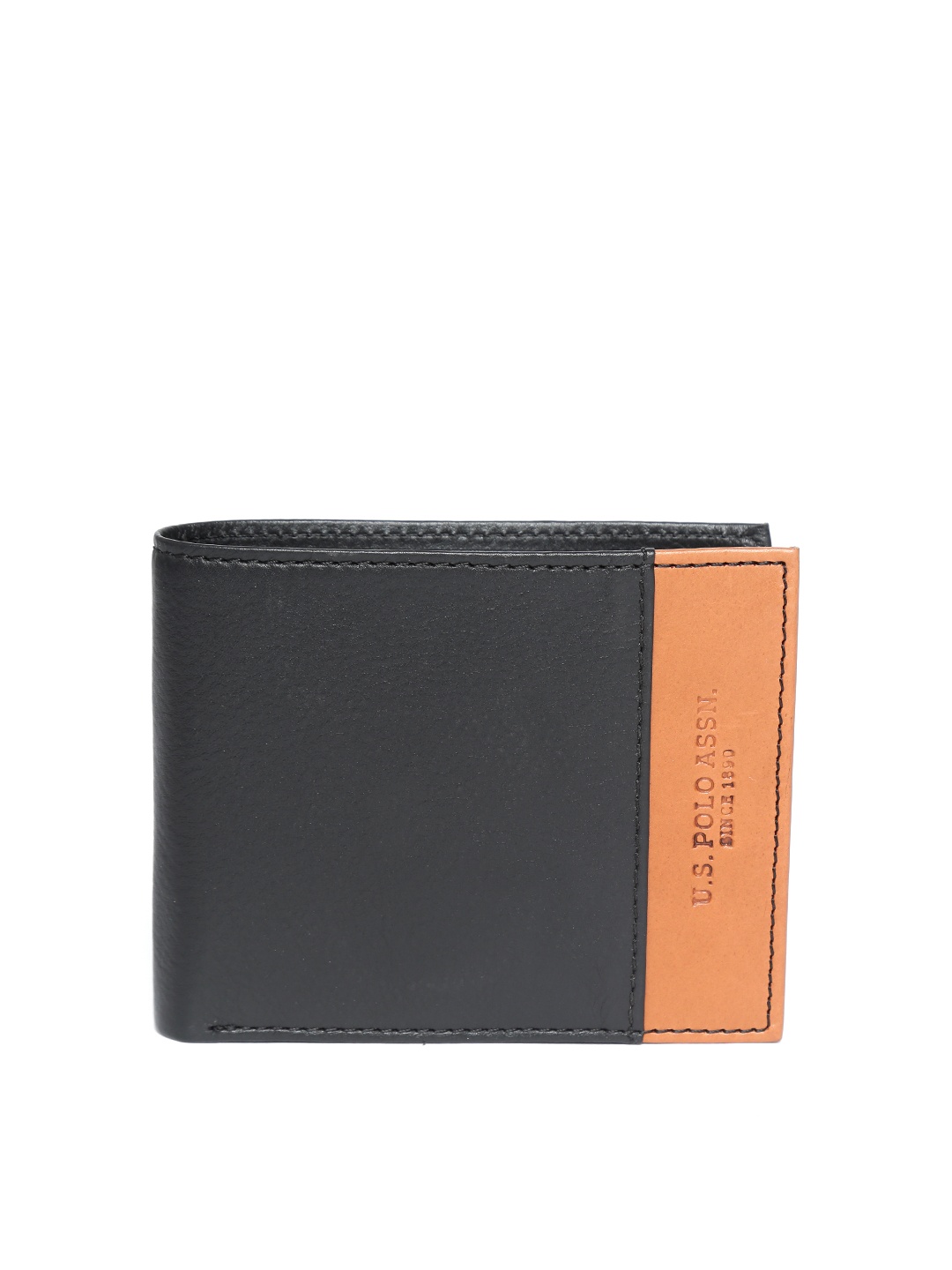 

U.S. Polo Assn. Men Black & Tan Brown Colourblocked Leather Two Fold Wallet