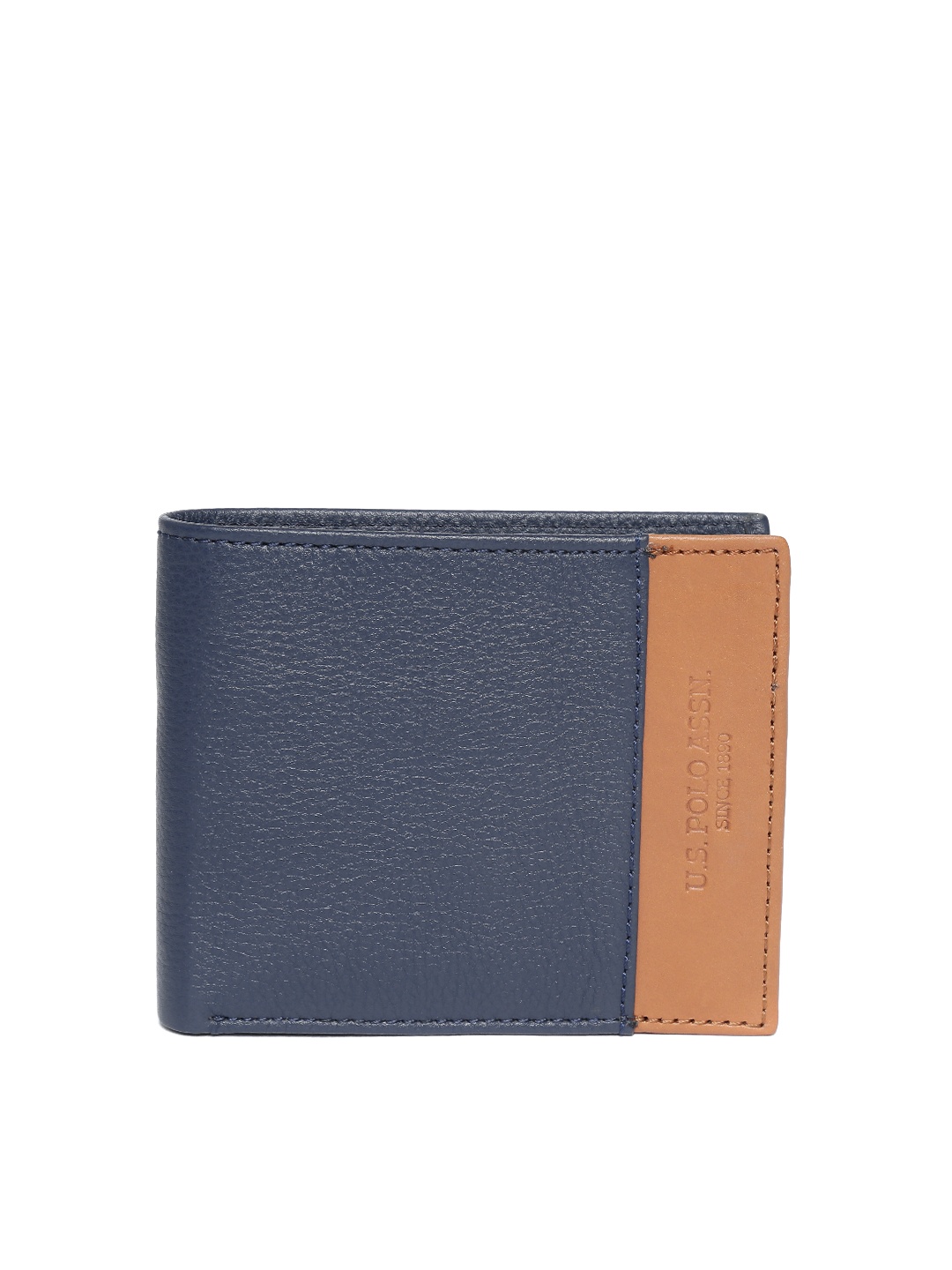 

U.S. Polo Assn. Men Navy Blue & Tan Brown Colourblocked Leather Two Fold Wallet