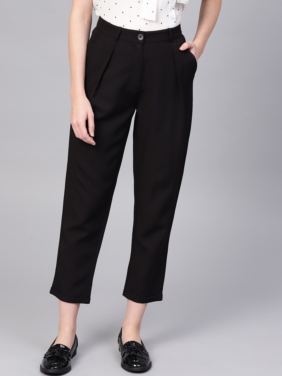 

STREET 9 Women Black Regular Fit Solid Cigarette Trousers