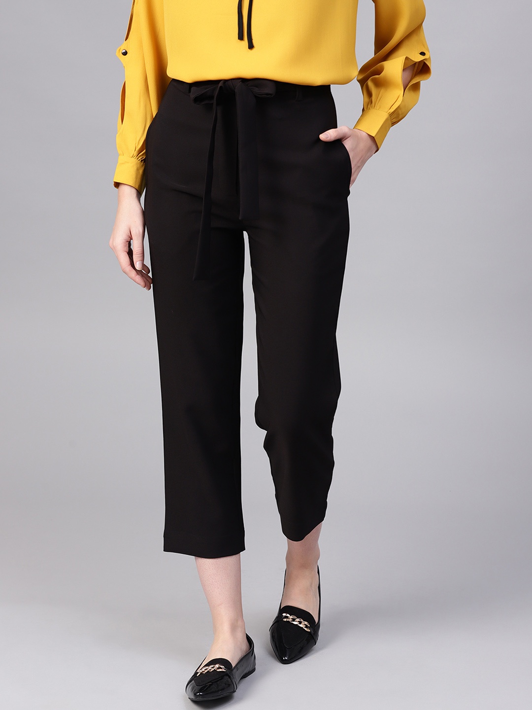 

STREET 9 Women Black Regular Fit Solid Regular Trousers