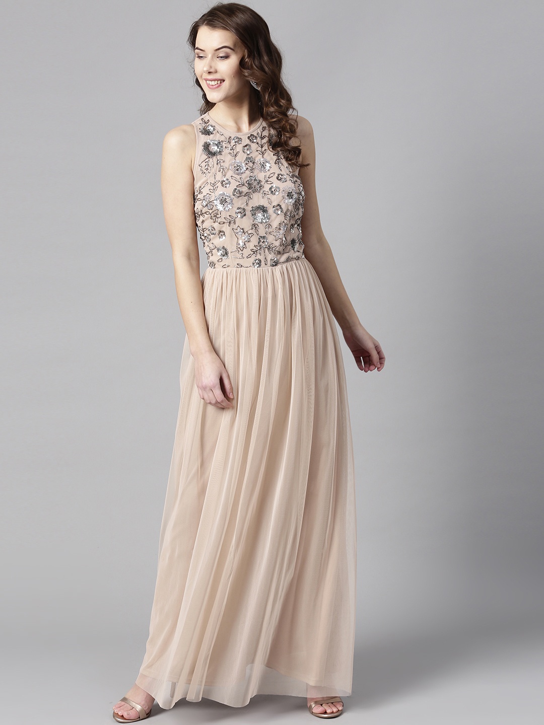 

STREET 9 Women Peach-Coloured Embellished Maxi Dress