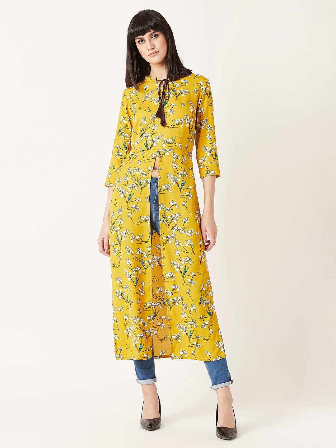 

Miss Chase Women Yellow Printed A-Line Longline Top