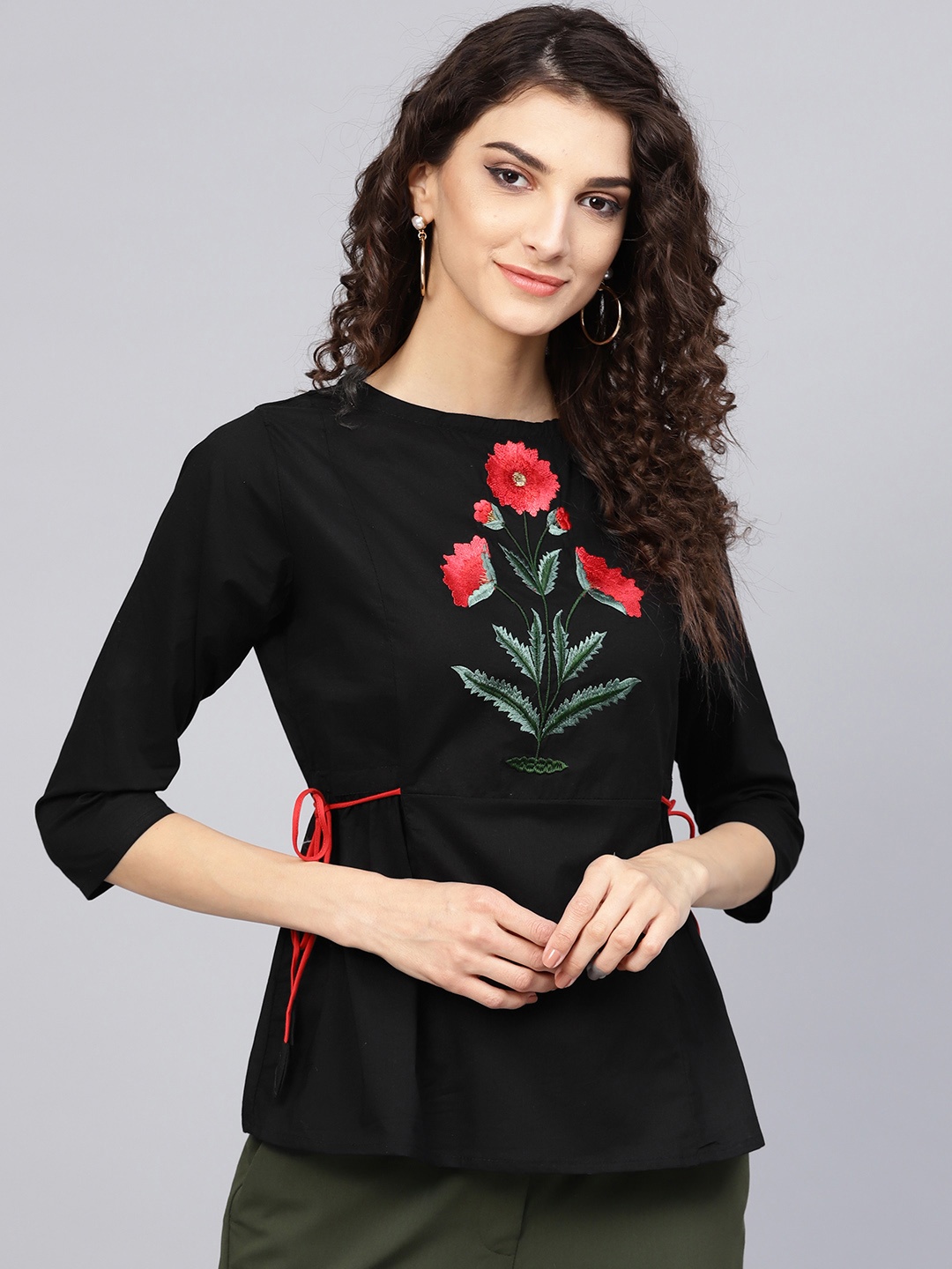 

Bhama Couture Women Black Embroidered A-Line Pure Cotton Top