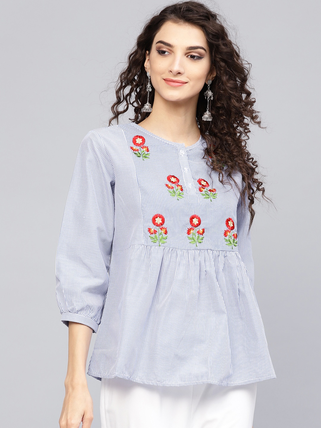 

Bhama Couture Women Blue & White Striped A-Line Pure Cotton Top