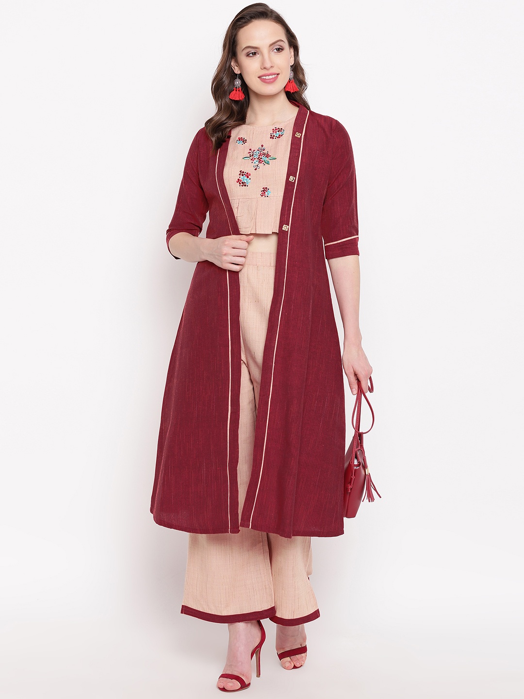 

Kvsfab Women Beige & Maroon Embroidered Top with Trousers