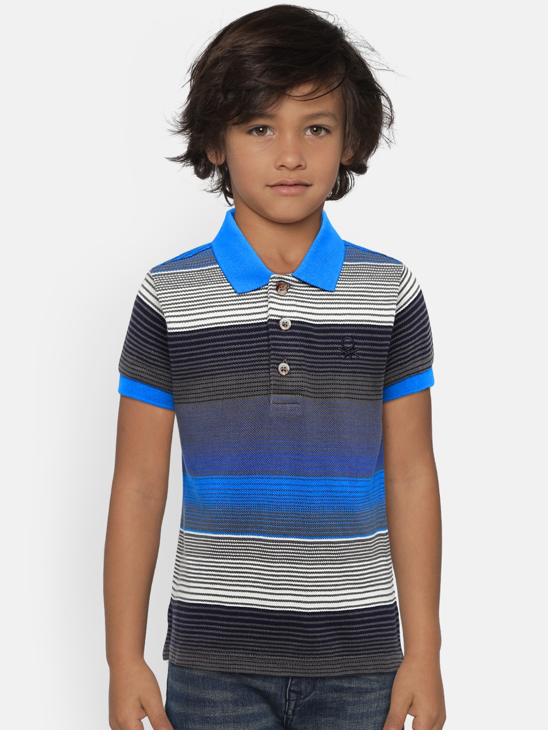 

United Colors of Benetton Boys Blue & Grey Striped Polo Collar T-shirt