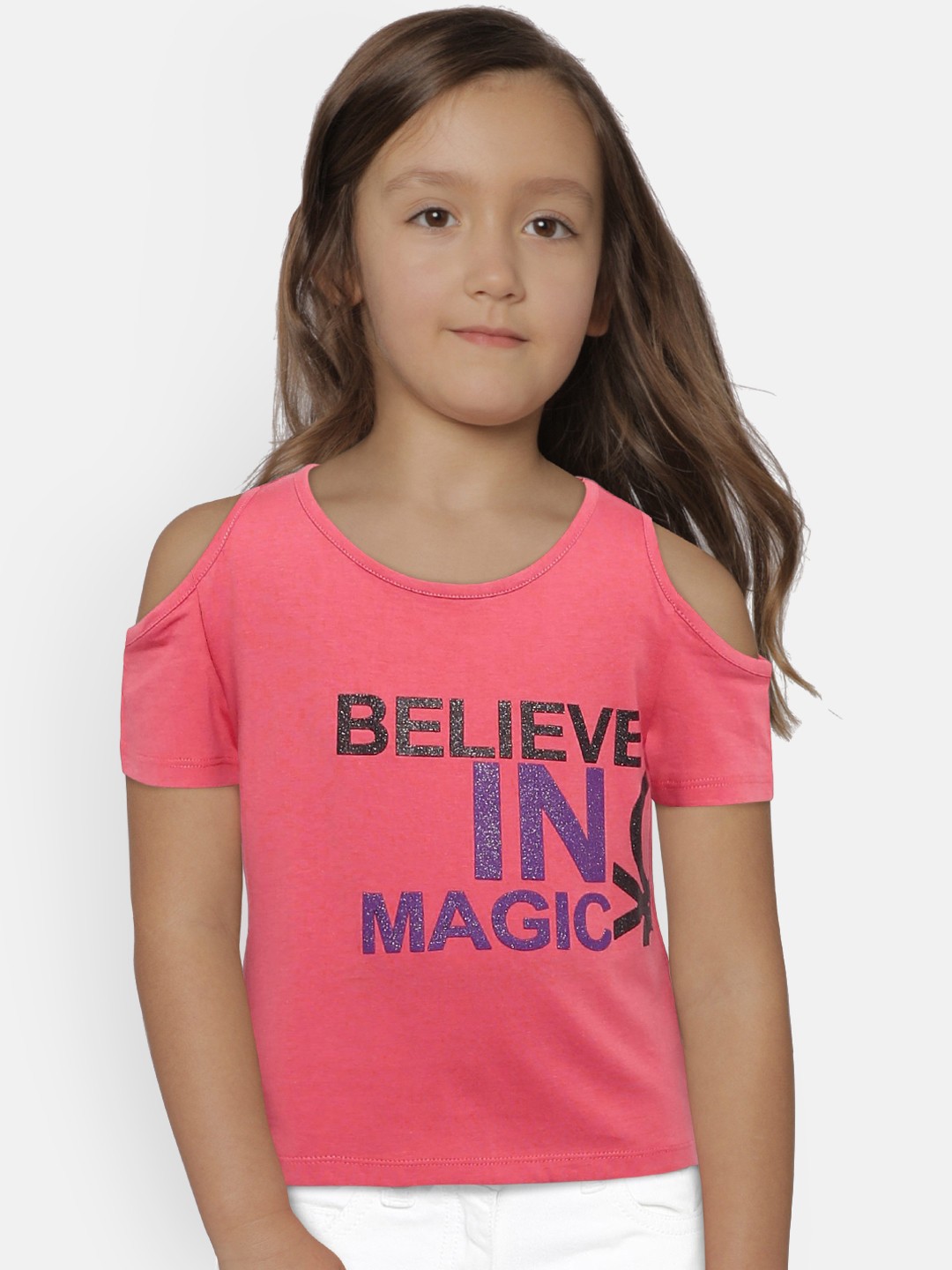 

United Colors of Benetton Girls Coral Pink Cold Shoulder Printed Pure Cotton Top
