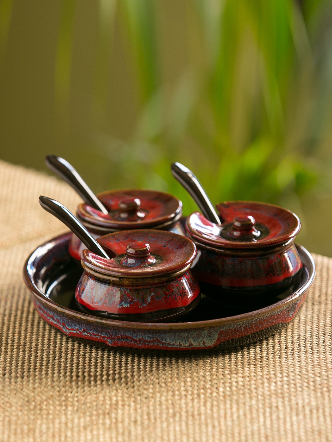 

ExclusiveLane Set of 3 Plenary Crimson Hand Glazed Studio Pottery Pickle Holders With Tray, Black