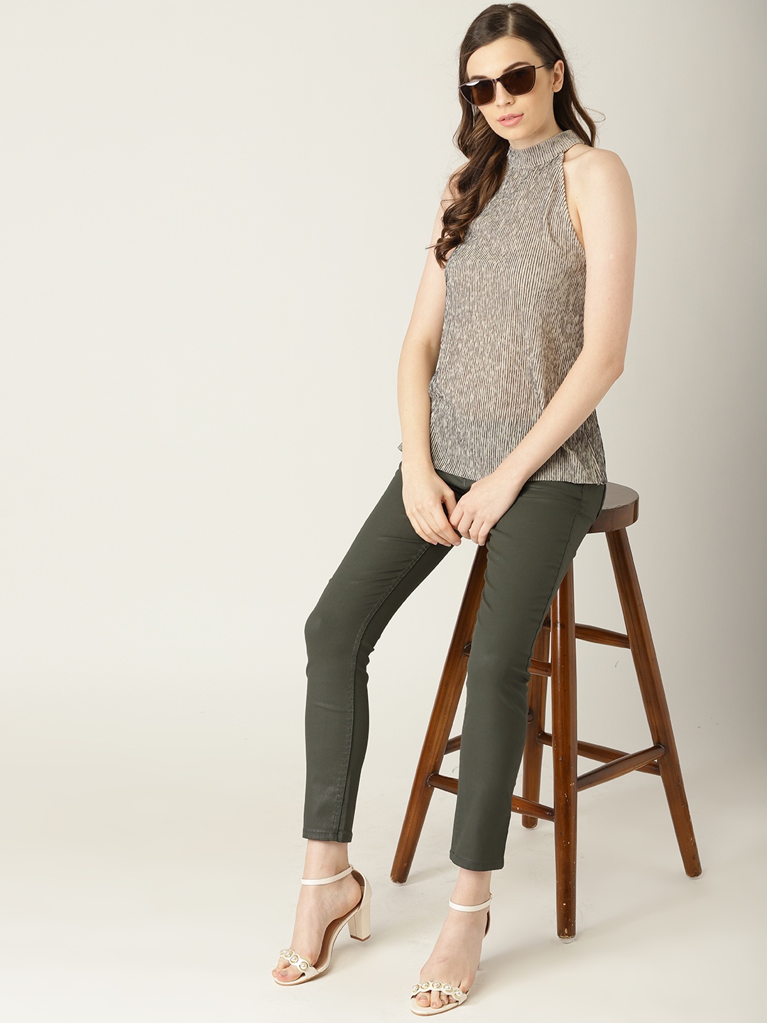 

MANGO Women Beige & Black Self-Striped Top