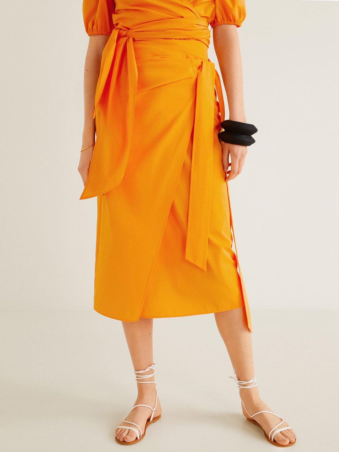 

MANGO Women Orange Solid Wrap Pure Cotton Skirt