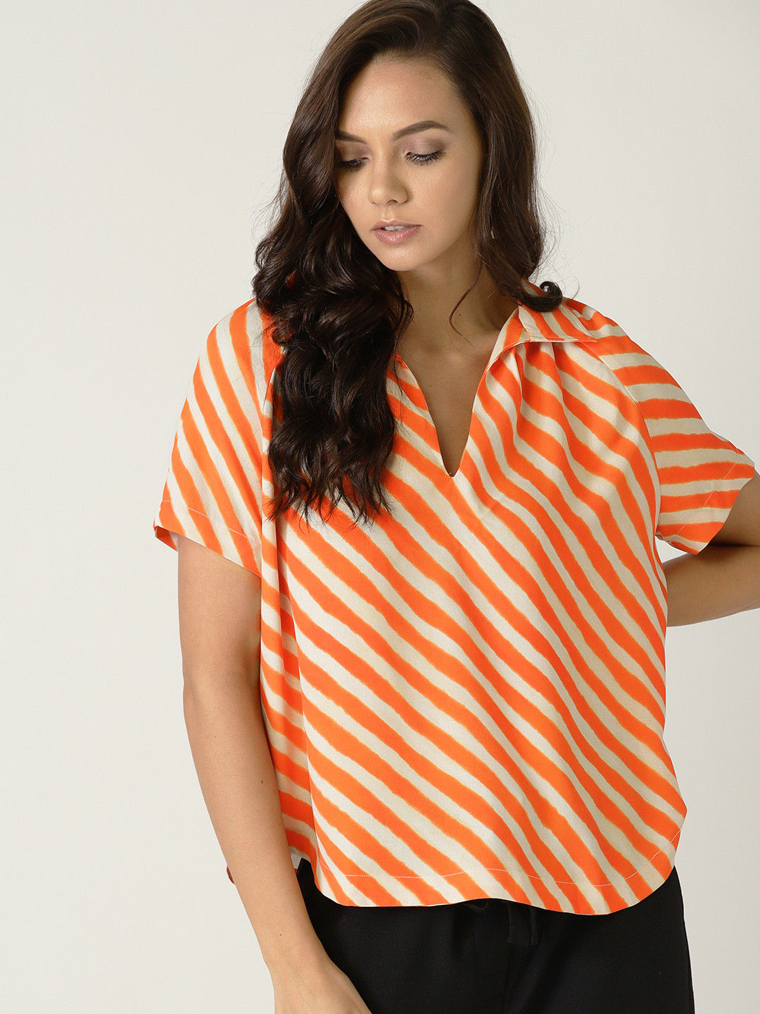 

MANGO Women Orange Striped Shirt Style Top