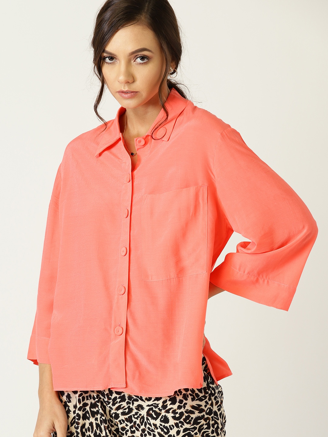 

MANGO Women Coral Orange Boxy Fit Solid Casual Shirt