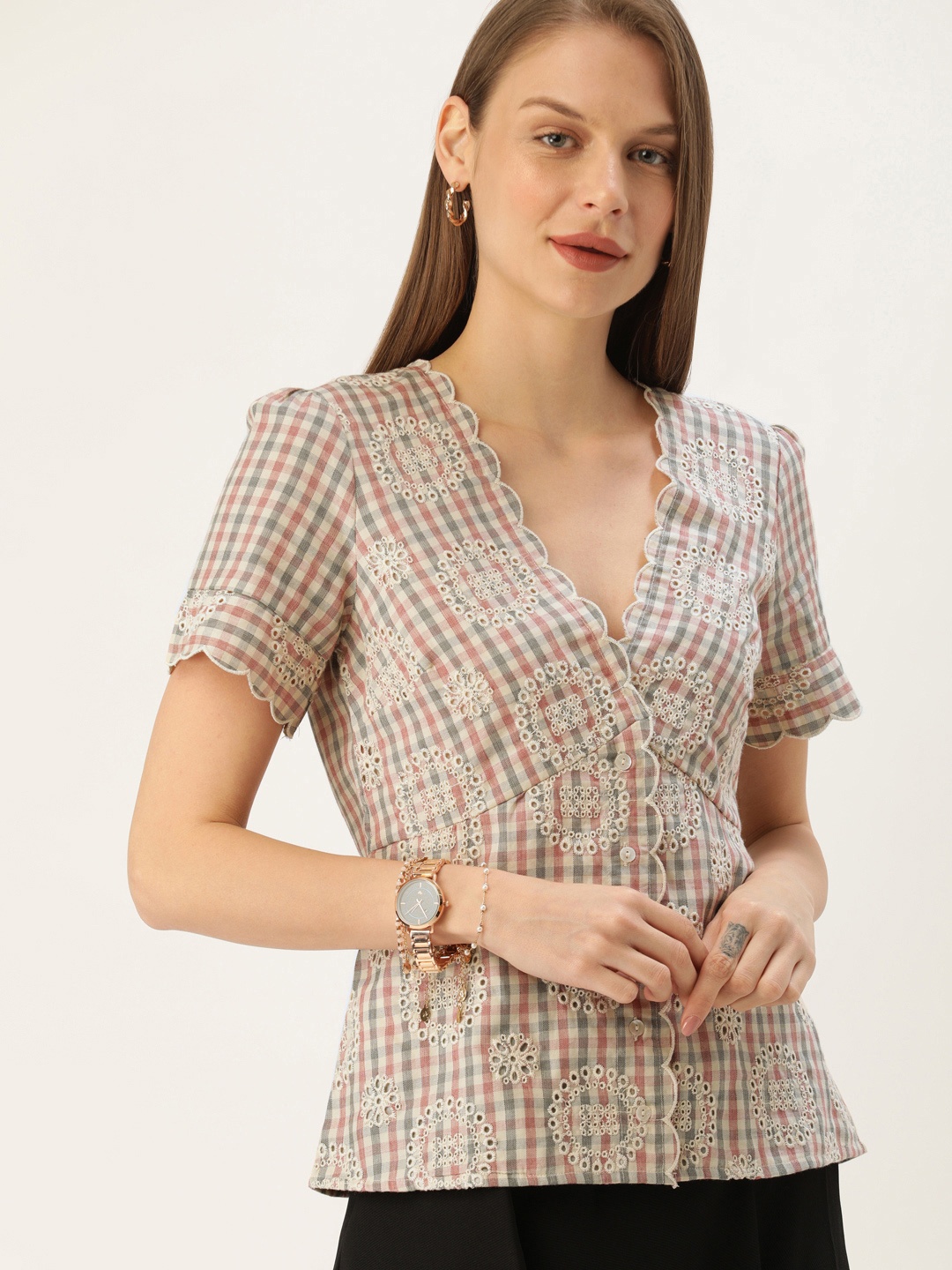 

MANGO Women Off-White Checked A-Line Pure Cotton Top