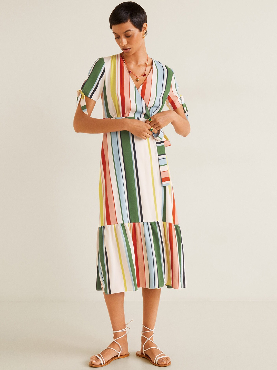 

MANGO Women Multicoloured Striped Wrap Dress, Multi