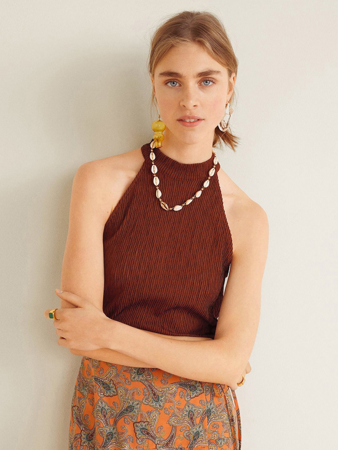 

MANGO Women Brown & Black Self-Striped Top