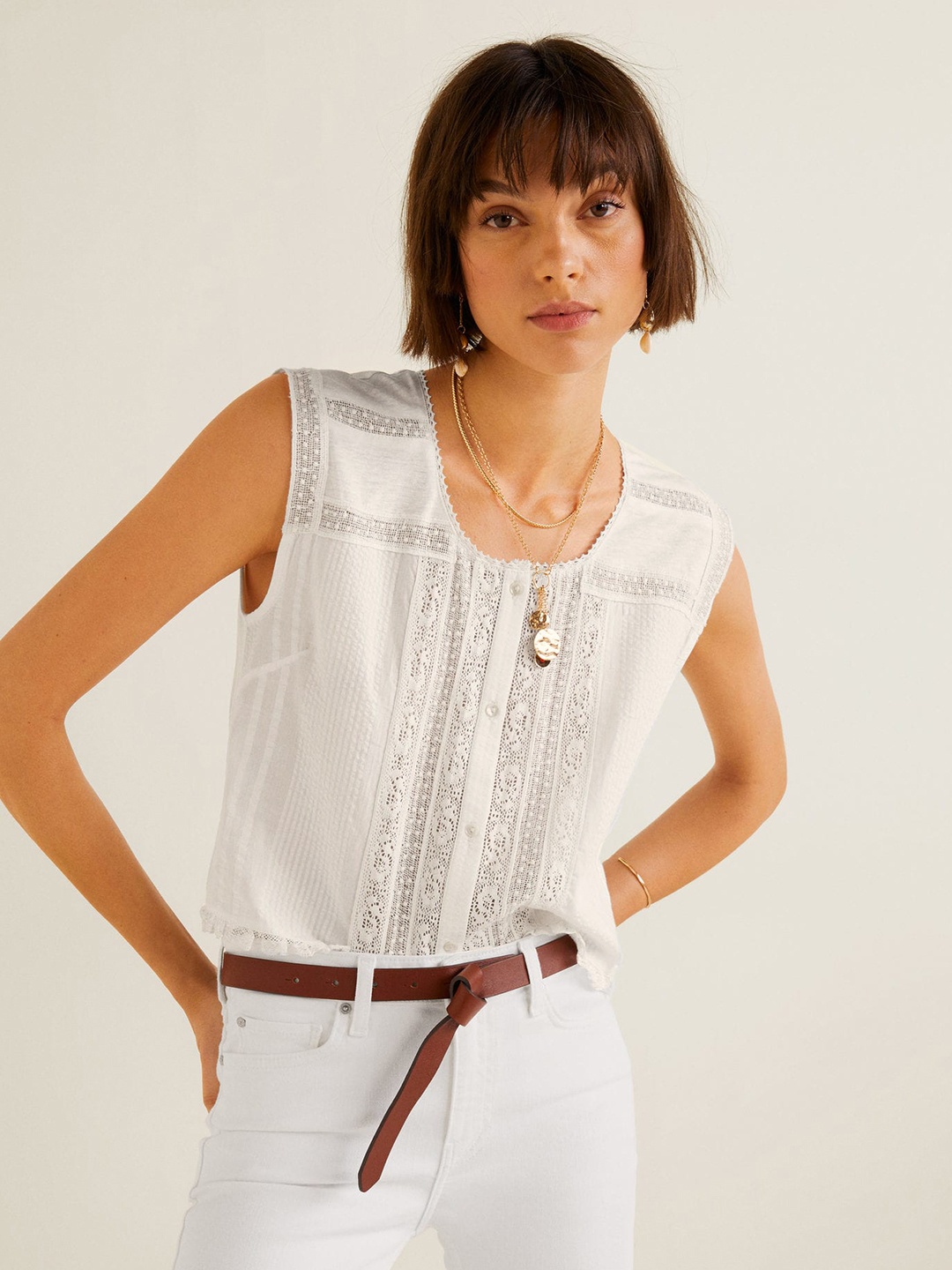 

MANGO Women White Self Design Crop Top