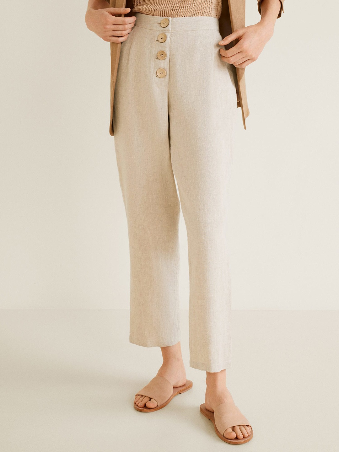 

MANGO Women Beige Regular Fit Solid Linen Cropped Trousers