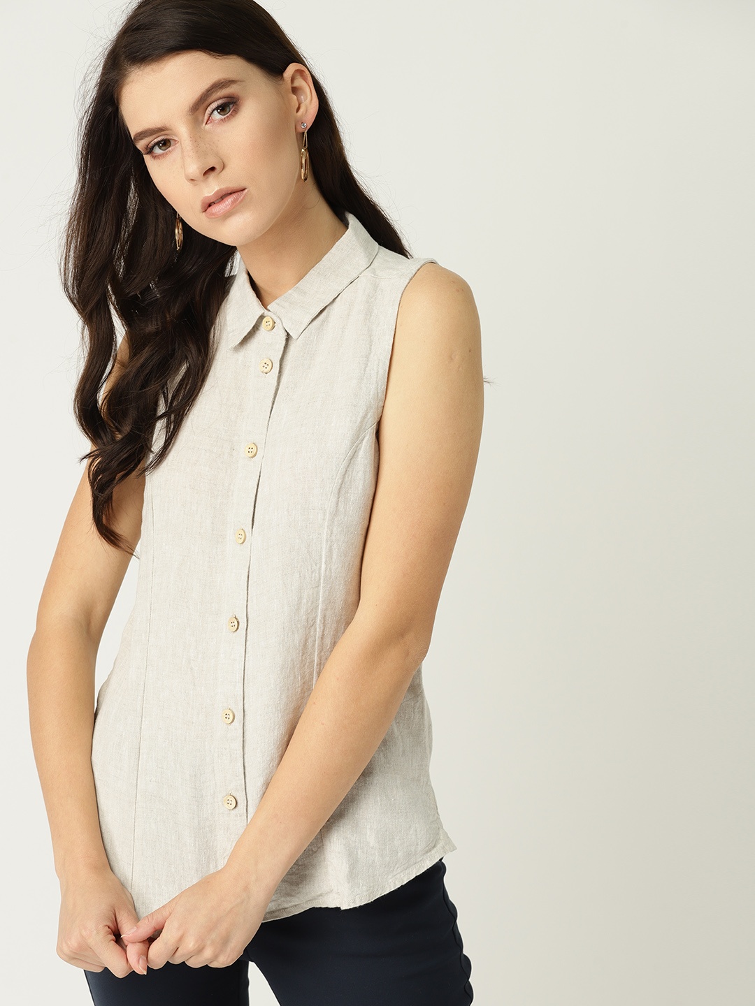 

MANGO Women Beige Solid Linen Casual Shirt