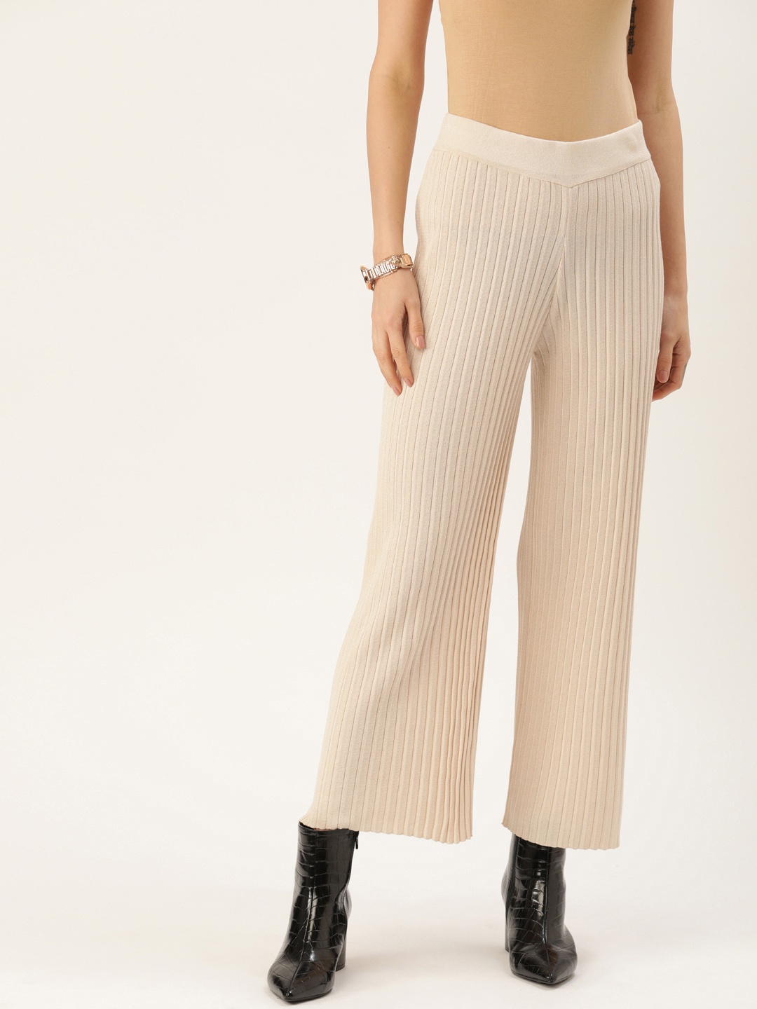 

MANGO Women Beige Regular Fit Ribbed Cropped Parallel Trousers