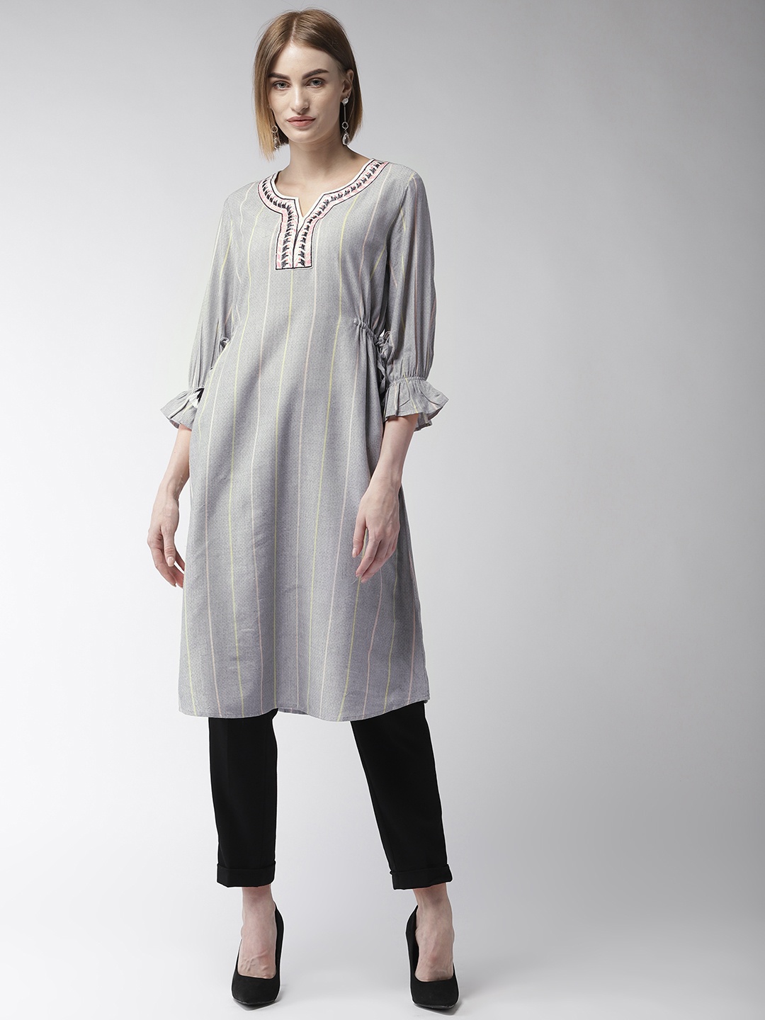 

Style Quotient Women Grey Striped A-Line Kurta