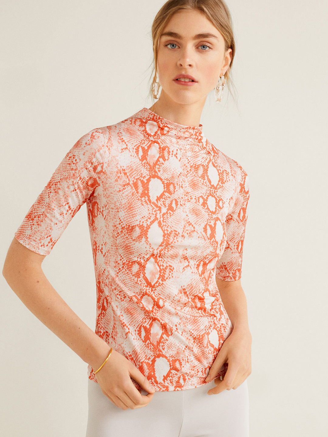

MANGO Women White & Orange Printed Fitted Top