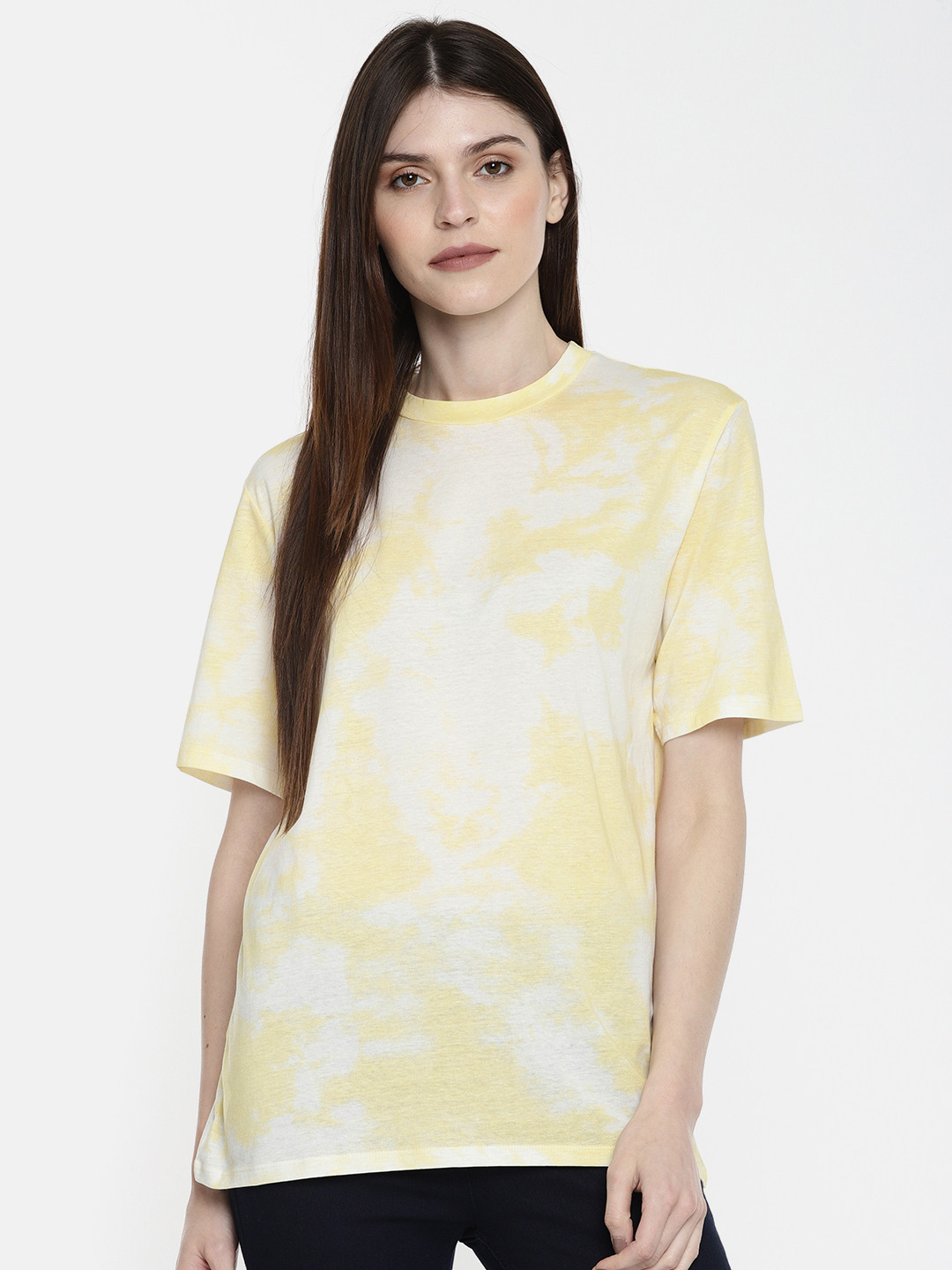 

MANGO Women Yellow & White Printed Round Neck T-shirt
