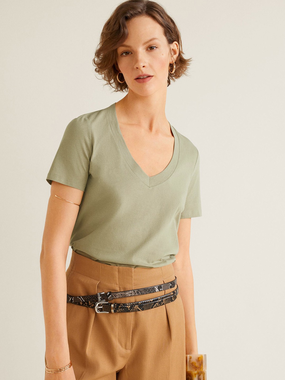

MANGO Women Olive Green Solid V-Neck T-shirt
