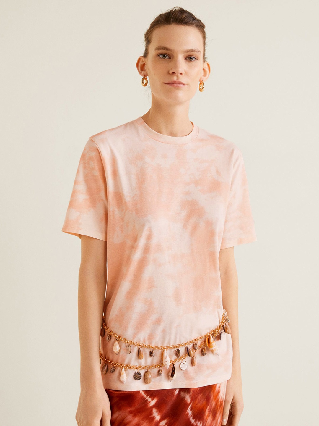

MANGO Women Peach-Coloured Dyed Round Neck Pure Cotton T-shirt