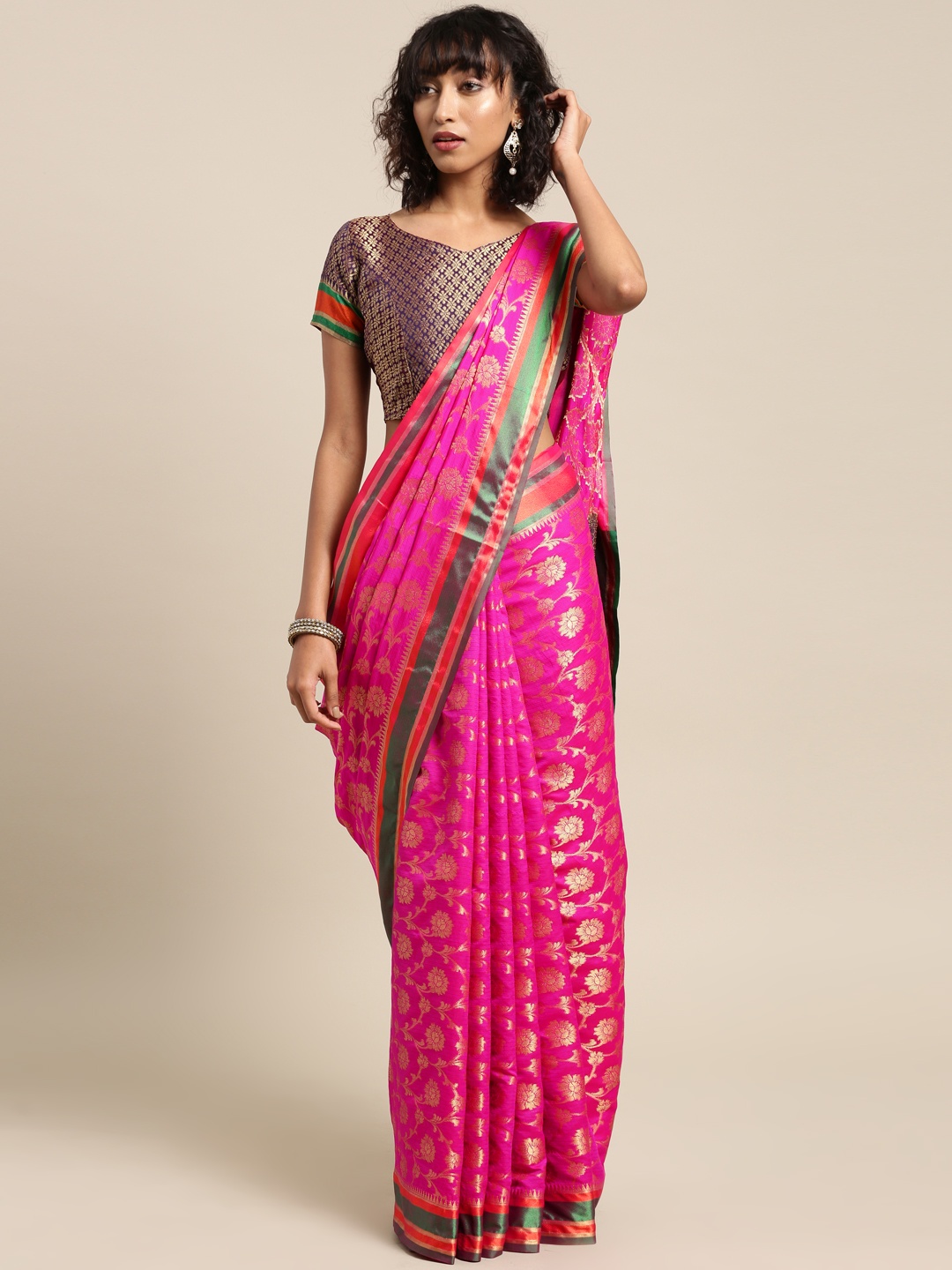 

Saree mall Pink & Gold-Toned Silk Blend Woven Design Banarasi Saree with Matching Blouse