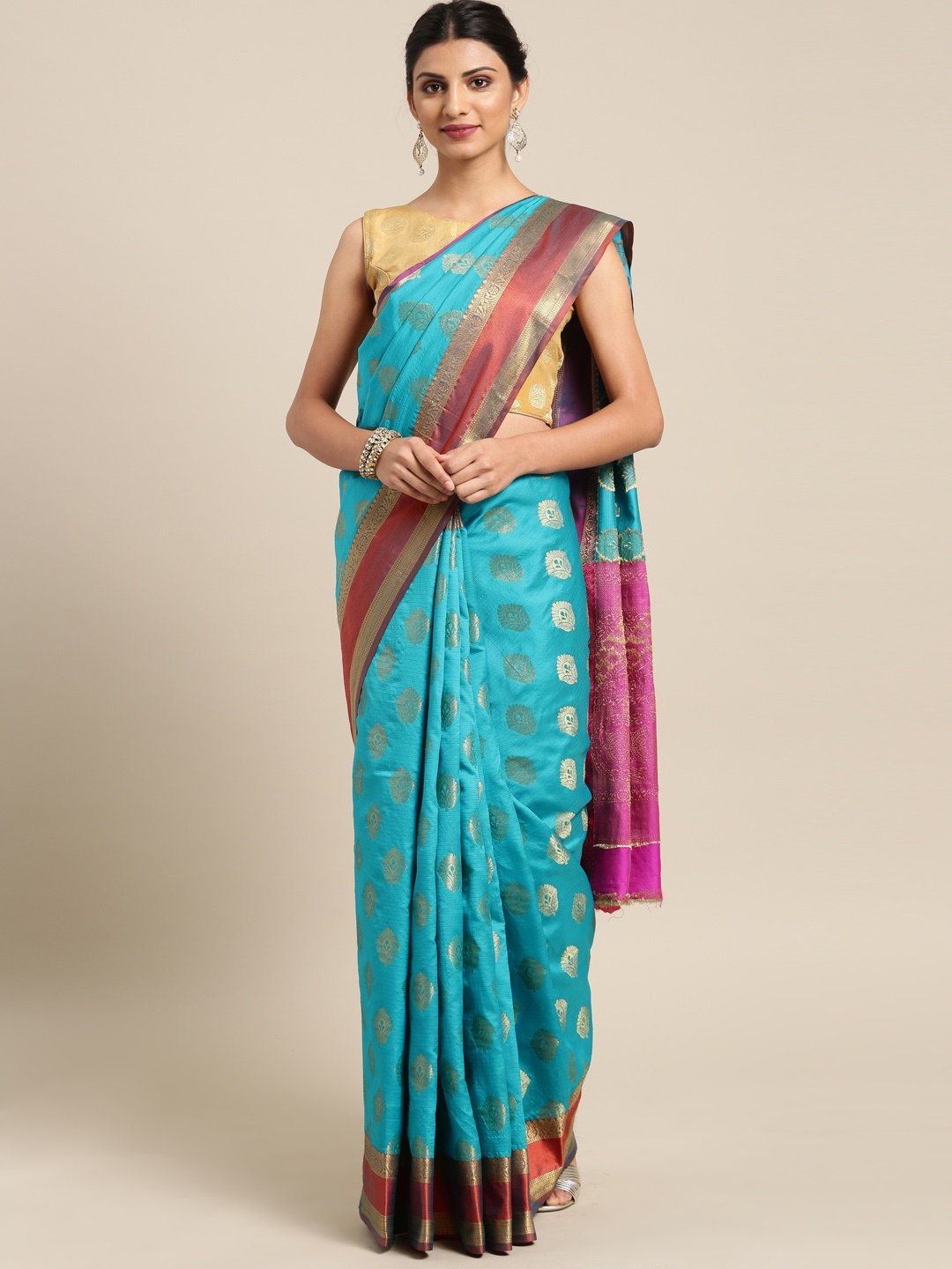 

Saree mall Blue & Pink Silk Blend Woven Design Banarasi Saree with Matching Blouse