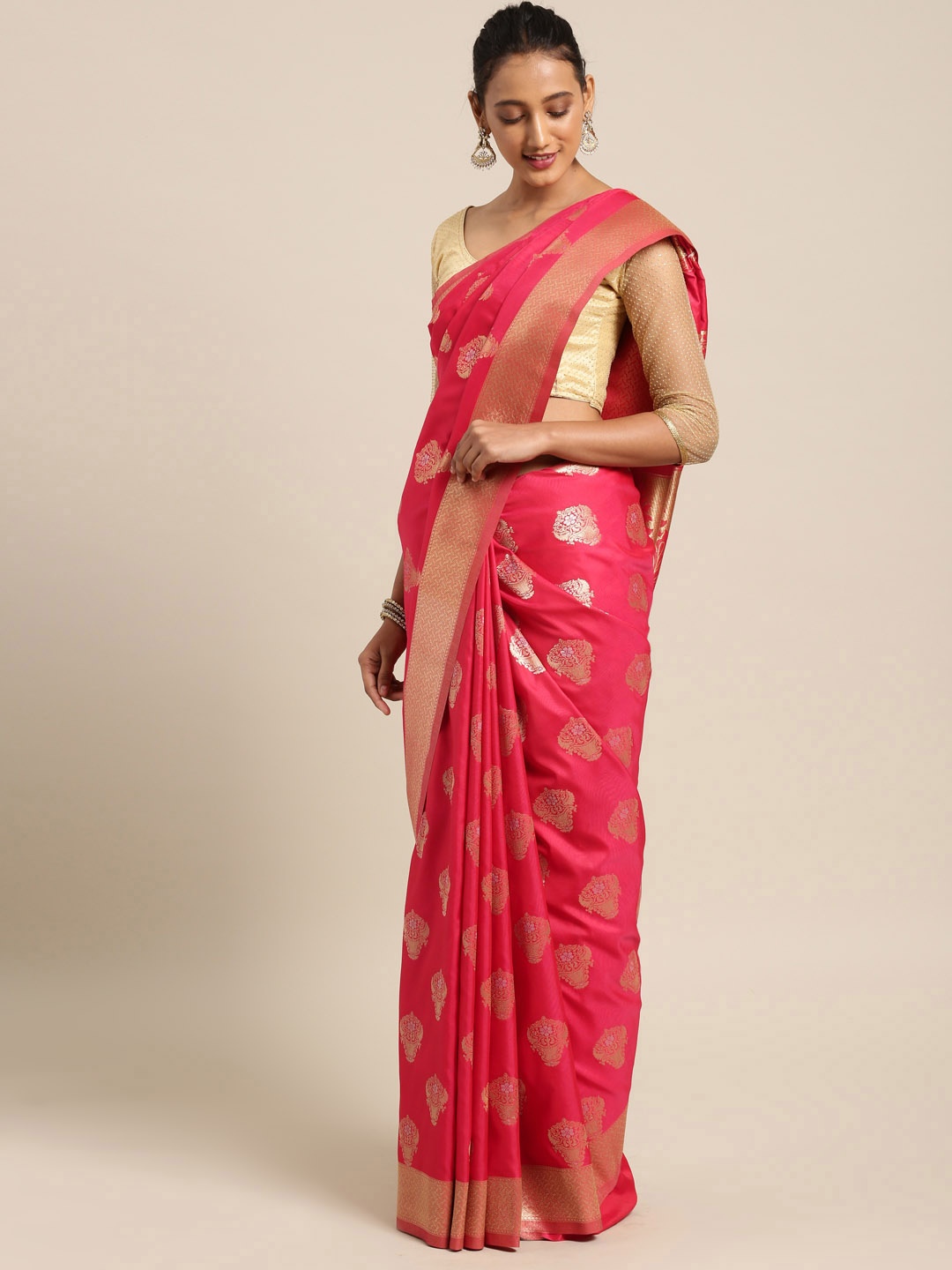 

Saree mall Pink & Gold-Toned Silk Blend Woven Design Banarasi Saree