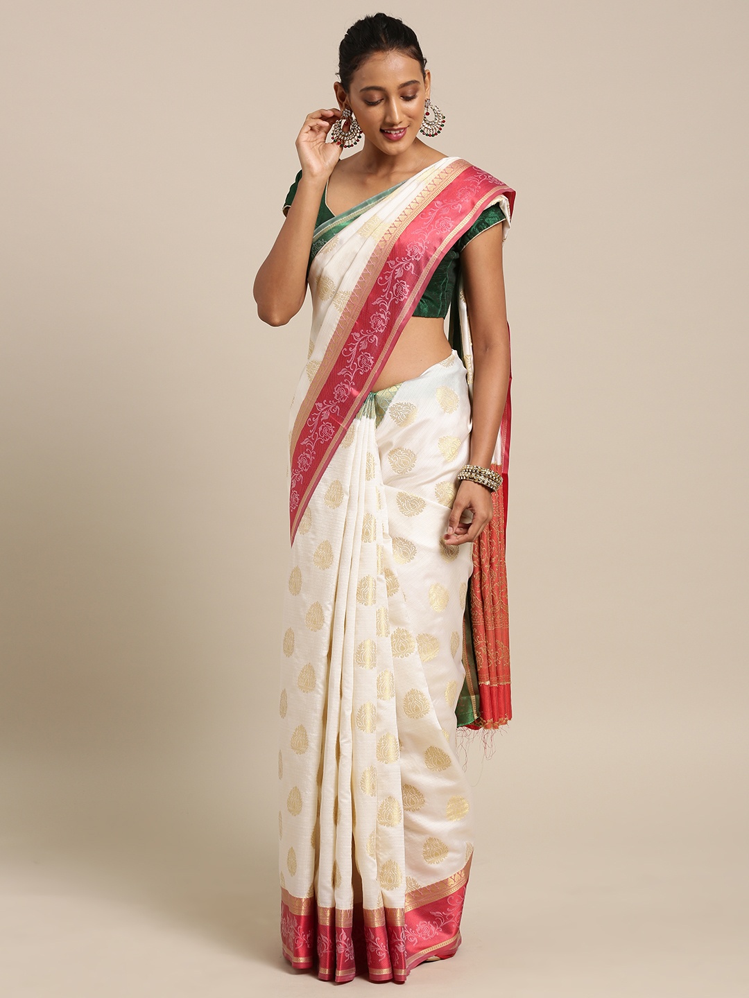 

Saree mall Off-White & Red Silk Blend Woven Design Banarasi Saree