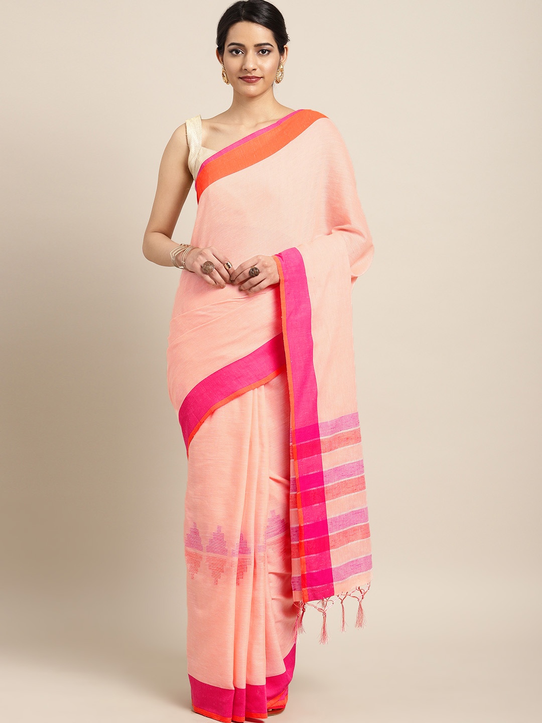

Saree mall Cream-Coloured Solid Linen Blend Saree