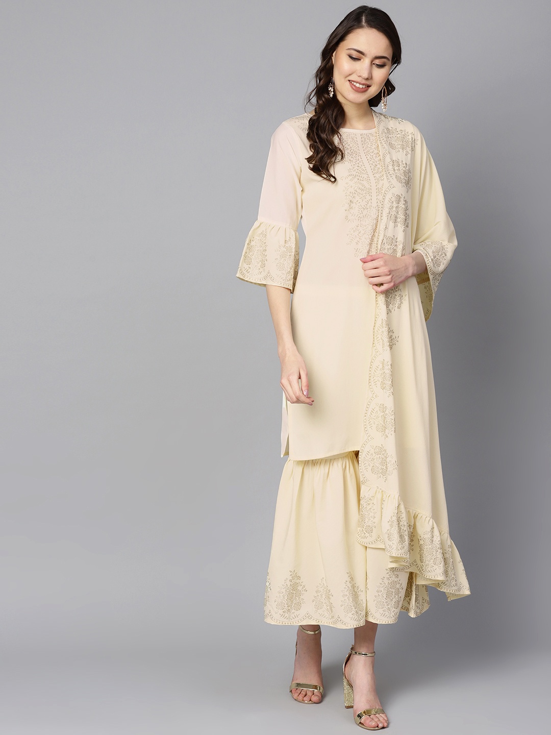 

Ahalyaa Women Cream-Coloured & Golden Printed Kurta with Sharara & Dupatta