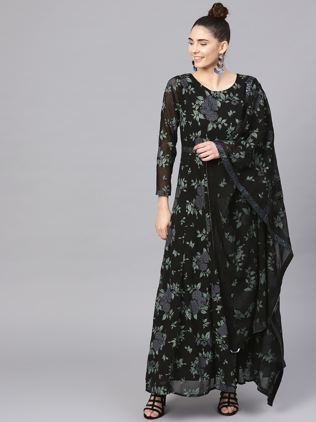 

Ahalyaa Women Black & Green Printed Maxi Dress with Dupatta