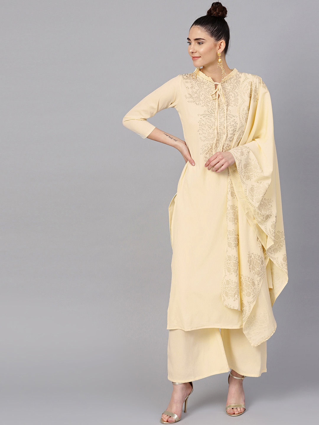 

Ahalyaa Women Cream-Coloured & Golden Solid Kurta Screen Print with Palazzos & Dupatta