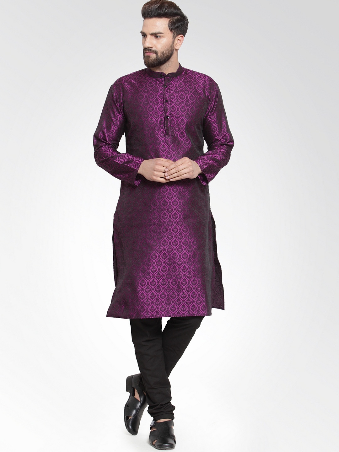 

Jompers Men Purple Self Design Kurta with Churidar