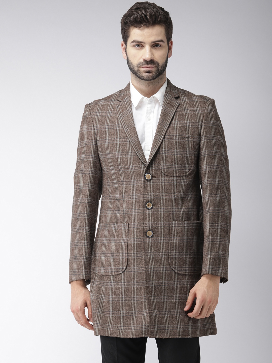 

Raymond Men Brown & Blue Checked Contemporary Fit Single-Breasted Longline Overcoat