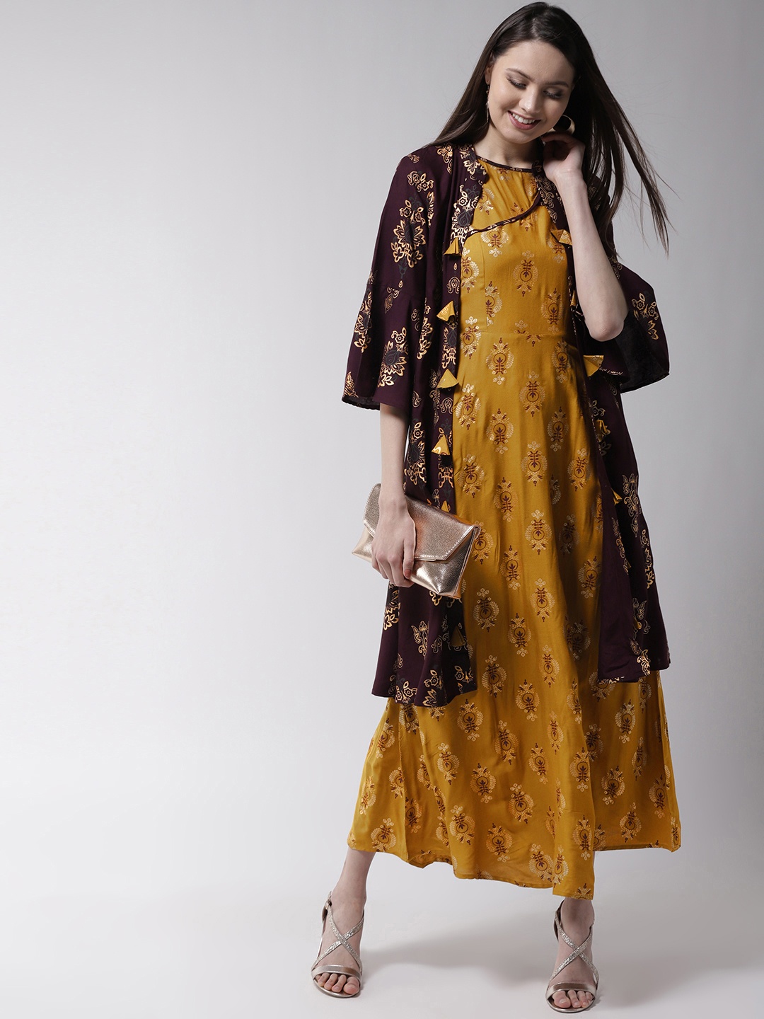 

WoowZerz Women Mustard Yellow Printed Maxi Dress