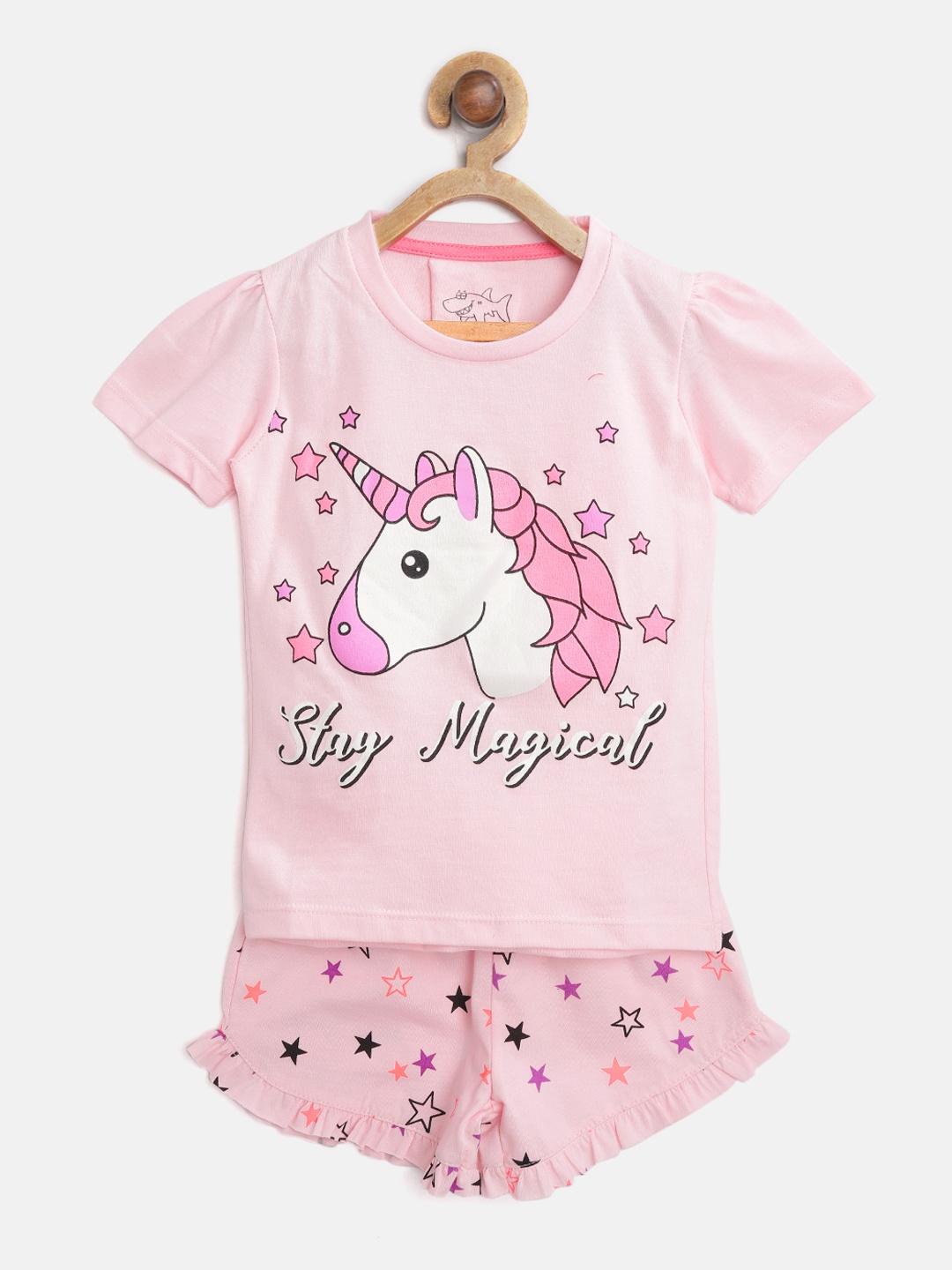 

Lazy Shark Girls Pink Printed T-shirt with Shorts