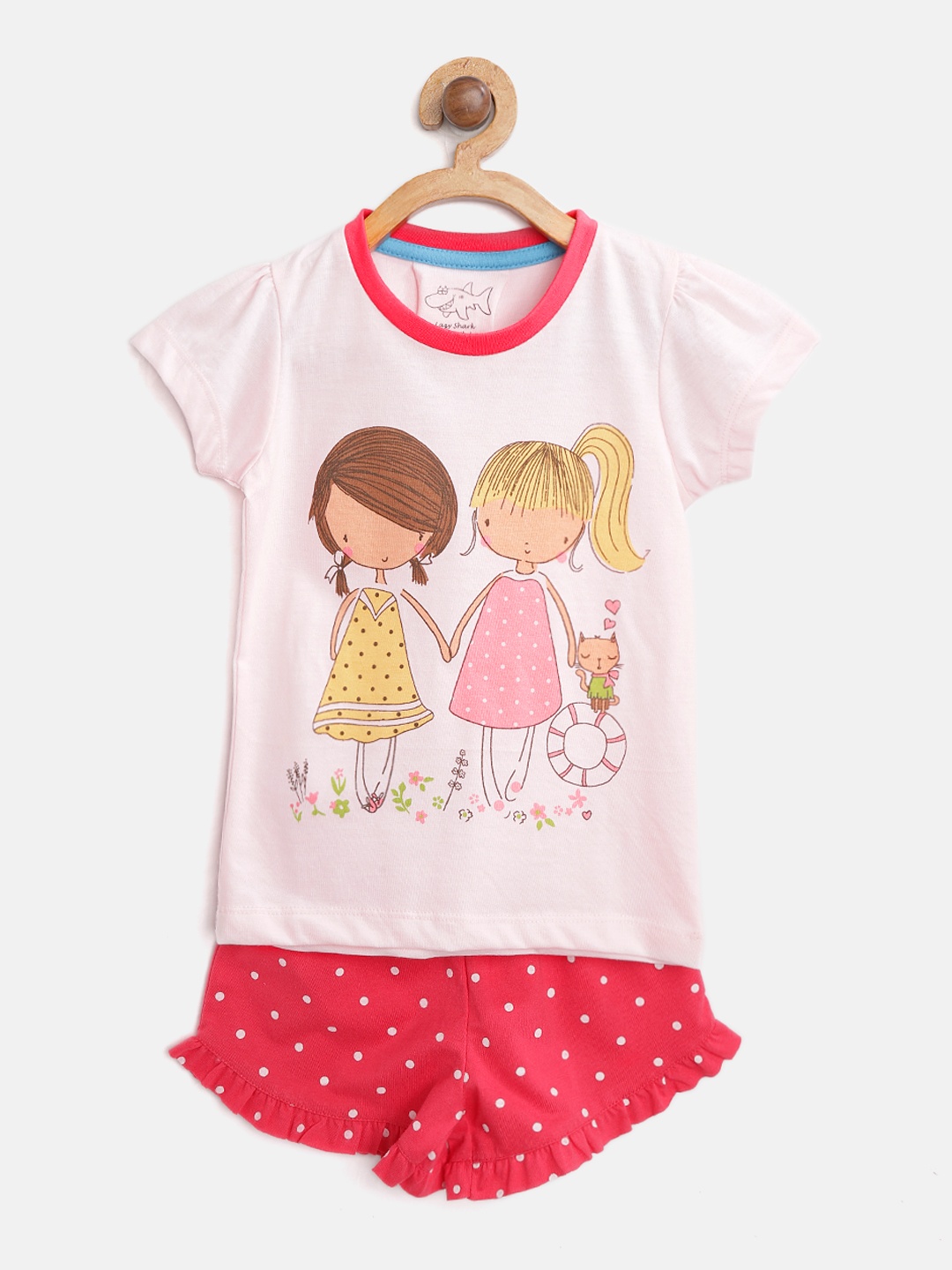 

Lazy Shark Girls Pink Printed T-shirt with Shorts
